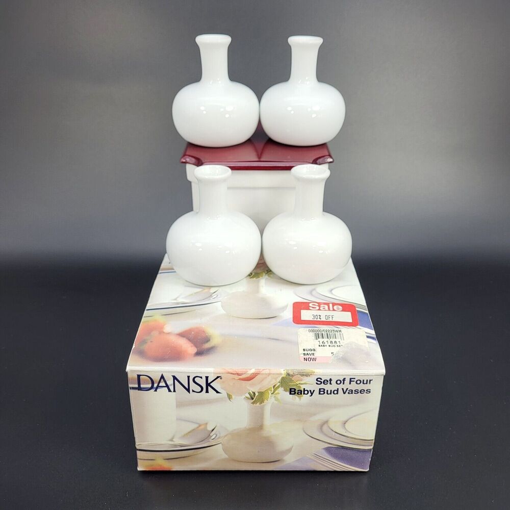 Dansk Set of (4) White Ceramic Mini Baby Bud Vases with Box 2.75” Tall